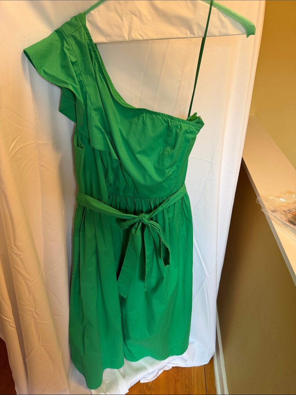 J. Crew Bright Green One-Shoulder Ruffle Tie-Waist Dress